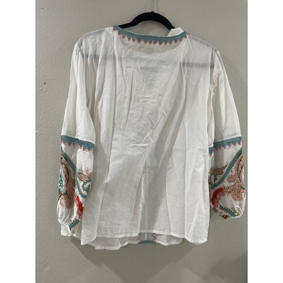 Chicos blouse Womens White flower Embroidered Peasant Top 100% cotton tassel - Picture 10 of 11